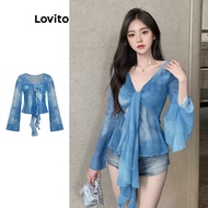 Lovito Vacation Glamorous Blouse Tie Dye Contrast Mesh Front Frill Blouse for Women Plus Size Friend
