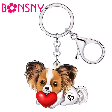 BONSNY Acrylic Heart Papillon Dog Pets Keychains Cute Puppy Key Ring For Women Kid Friend Gifts Acce