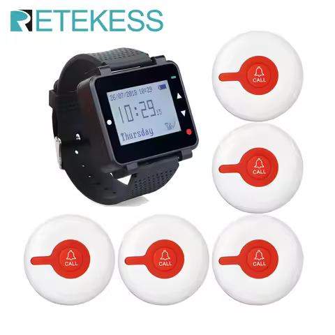 Retekess Caregiver Nurse Calling System Restaurant Pager T128 Watch Receiver + 5 TD009 Call Bell But