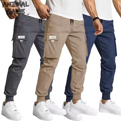 Spring Men's Cargo Trousers Long Pants Sports Sweatpants Elastic Waist Casual Pants Drawstring Stree