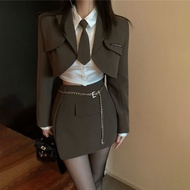 [Ready Stock] Suit Women 2022 Spring New Style Short Style Classy Blazer+Satin Shirt+Hip Skirt Three-Piece Suit