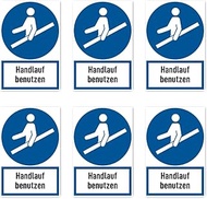 Stickers: 75 x 50 mm, Pack of 6 – Use Handrail – Mandatory Sign with Text (German) (Blue/White) – Ve