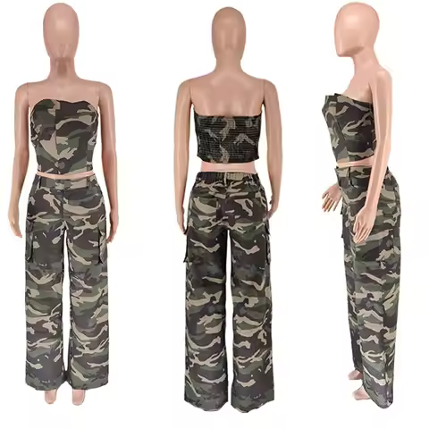 Two Pieces Women Pant Sets Camo Matching Sets Button Pocket Sleeveless Top Empire Waist Full Length 
