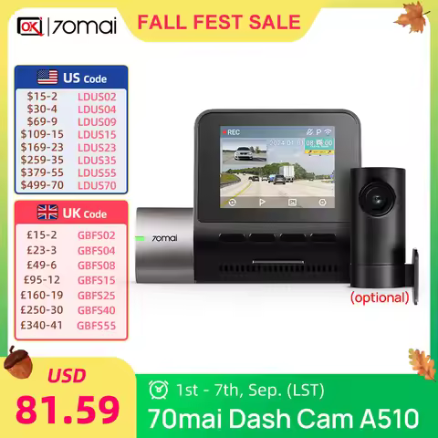 New 70mai Dash Cam A510 1944P HDR Imaging F1.8 Aperture Car DVR 70mai A510 Dual-Channel Record 24H P