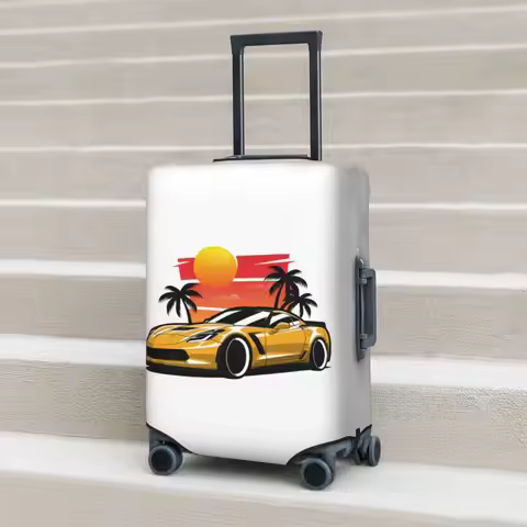 Yellow Corvette Z06 Sunset Palms Suitcase Cover Protection Elastic Trip Luggage Protector Covers for