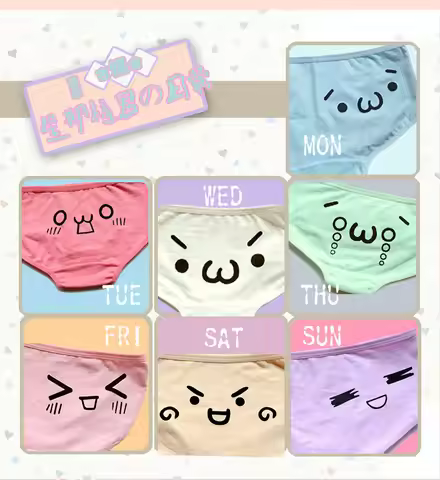 Cute Women Anime Kaomoji-kun Emoticon Intimate Panties Sun-Mon Underwear 100% Cotton Cosplay