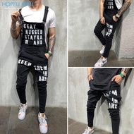 HOPEU Ripped Jumpsuits Men Jeans Slim Fit Overall Casual Pent for Men Jeans Pants Elastic Stretchable Trousers Pockets Suspender Denim Branded Cargo Jeans New Style 男生牛仔裤