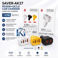 VIBOX Car Charger Saver Adapter AK-27 120W 4 Port USB A + Type C PD 30W QC3.0 Fast Charging Car 12V 