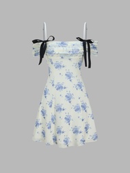 Cider Off-Shoulder Bowknot Floral Mini Dress