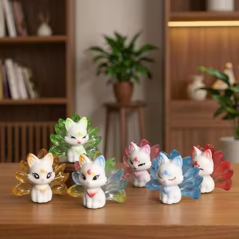 1/6Pcs Cute 9 Tailed Fox Resin Figurine, Kawaii Fantasy Miniature Mythical Fox Animal Decor for Desk