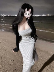 Váy Dài Không Tay Cổ Chữ V Kẻ Sọc Cổ Điển 17STUDIO InsGW002 Dành Cho Nữ Mùa Hè 2024 Váy Midi Tôn Dán