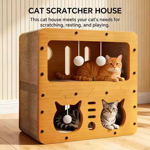 Cardboard Cat House, 2-Tier Large Cardboard Cat Scratcher House with Toys for Indoor Small Cats