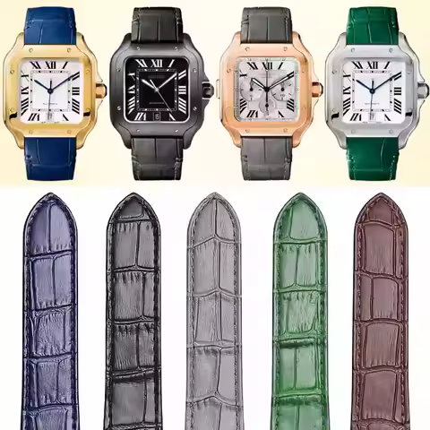 Quick release Bamboo grain genuine cowhide leather watchband for CARTIER Santos stainless steel join