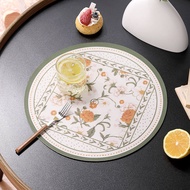 Nordic FloraL Round Faux Leather Placemats Cup Coaster Round Desk Mat Pad for Kitchen Dining Washabl