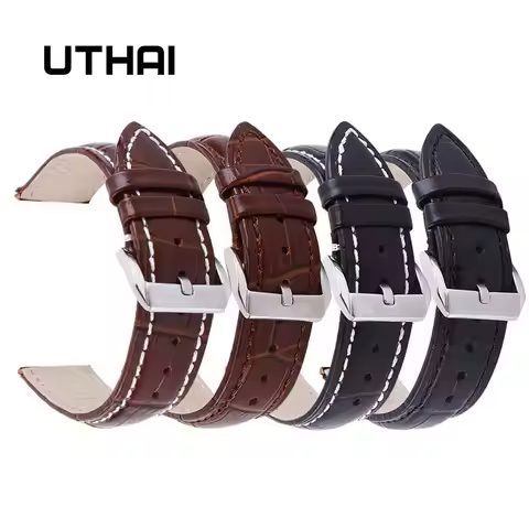 UTHAI Z20 Leather Watchband Crocodile Pattern Strap 14mm 16mm 18mm 20mm 22mm 24mm Silver Metal Buckl