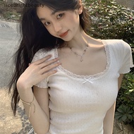 [icebright] Summer Women Bow Lace Square Collar Short Sleeve T-shirt Korean Slim Crop Top SG