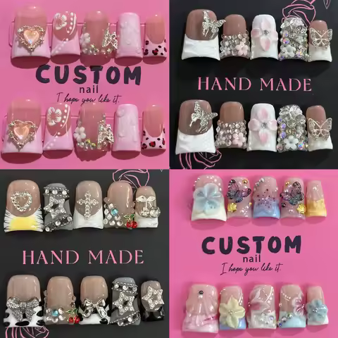 Sweet Cool Duck Bill Handmade French Detachable Fake Nails Flower Butterfly Diamond Metal Rivets Bow