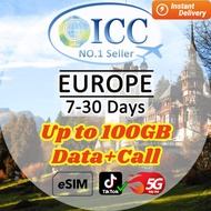 ICC eSIM- Europe EU-C 7-30 Days 20GB/50GB/100GB 5G/4G Data + Europe Call + International Call *Can c