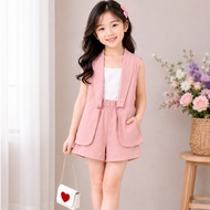 Claire Kids Girl Collar Vest Coat and Cami Top and Shorts Set 3in1 Terno 42122