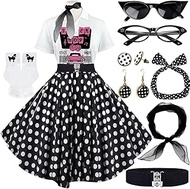 Sock Hop Outfits Women, 1950s Poodle Skirts, Polo Shirt with 50s Accessories Socks Scarf Headband Be