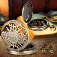 Antique Hollow Gear Cover Pocket Watch Case with 7 DND Metal Dice Set Pendant FOB Chain Gaming Acces