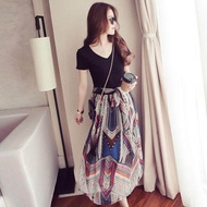 N&AI  Floral Chiffon V-neck Long Dress Hawaiian Beach Skirt Fake Two Piece Dress