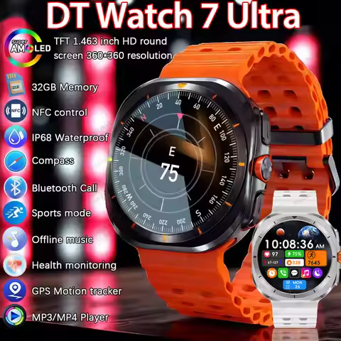 2025 New DT Watch 7 Ultra Smart Watch Men 32GB Memory Video GPS NFC 47mm AMOLED Fitness Sports Track