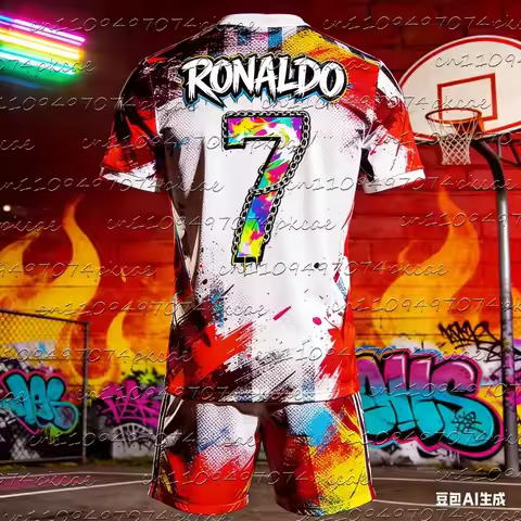 Quick-dry 2Pcs Ronaldo #7 Colorful Graffiti Crew Neck T-shirt+Shorts Adult Summer Oversize Sports Fo