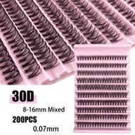 3D Natural Clustered Eyelash Extensions 0.07 Thick 30D 8-16 Mm Mixed Length 10 Rows 200 Clusters D-R
