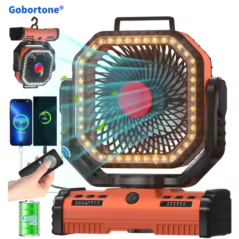 Gobortone 12 Inch 40000Mah Ventilador Recargable Camping Battery Operated Powered Fan with LED Lante