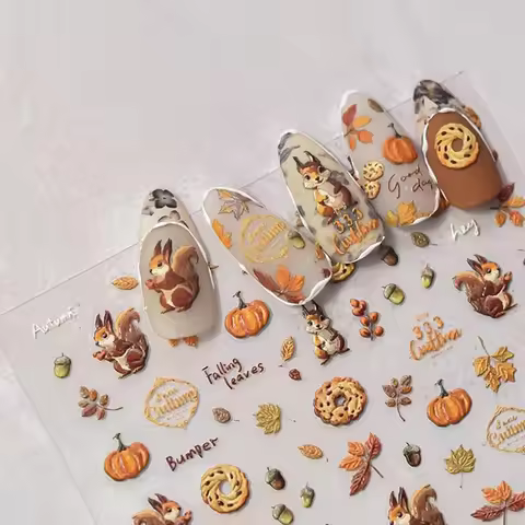 Fall Nail Art Stickers 5D Embossed Cute Decals Autumn Squirrel Pine Cones Fallen Leaves Design Self-