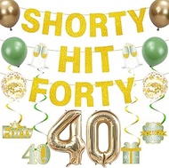 40th Birthday Decorations Women Banner - 14 Pcs Green Gold Shorty Hit Forty Banners Number Foil Ball