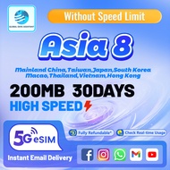 Asia8 eSIM Pro: 5G High Speed in CN/KR/TH/TW/JP/HK/VN/MO｜100-200MB 30 Days📧 Instant Delivery