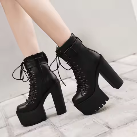 Gdgydh Women's Platform Chunky High Heel Ankle Boots Black Buckle Strap Lace Up Side Zipper Motorcyc