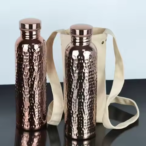 800ML Copper Water Bottle Anti-Slip Silicone Base One-Click Open Lid Hammer Pattern Bottle Thermal I