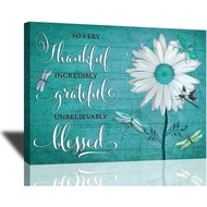Teal Rustic Wall Art Daisy Dragonfly Canvas Prints Painting Thankful Grateful Blessed Inspirational 