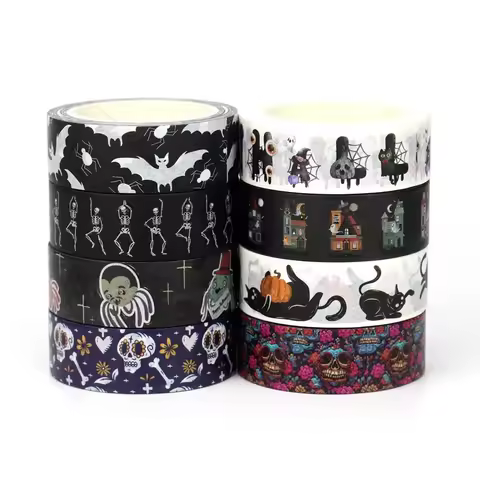 1pc 10M Deco Bat Rose Skull Black Cat Haunted House Halloween Masking Washi Tape Set for Scrapbookin