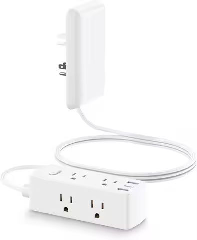 Flat Extension Cord with Outlet Cover, 6 Outlets and 3 USB Ports, 2000 Joules Surge Protector, 5 FT 