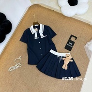 Women's outfit set for going out, turtleneck t-shirt set with striped bodice and pleated short skirt
