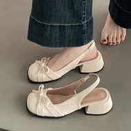 Closed toe sandals with butterfly ribbon, vintage white high heels with thick heels