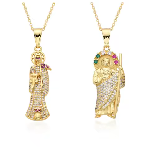 Gold Color Santa Muerte San Judas Charms Cubic Zirconia Death Grim Reaper St. Jude Necklace CZ Choke