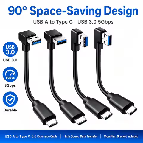 USB 3.0 Extension Cable 90 ° Elbow USB A To Type C Data Cable Male To Male 5GBPS High-speed Transmis