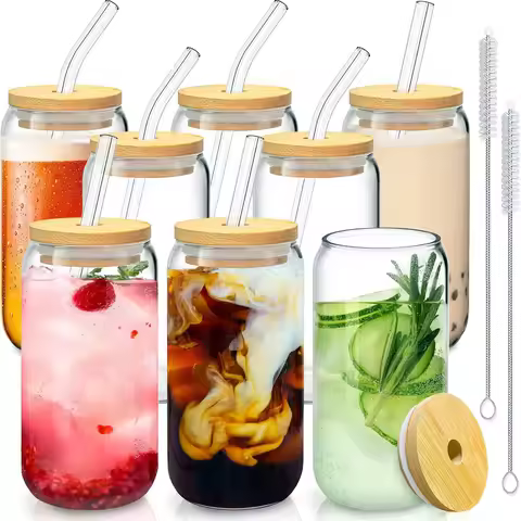 Tyrixma Drinking Glasses with Glass Straw 8pcs Set - 16oz Highball Glass Cups, Beer Glasses, Iced Co