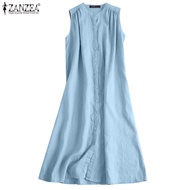 ZANZEA Women Korean Casual  Sleeveless Round Neck Loose Placket Ruffles Tucks Dresses