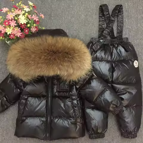 Russian Winter Down Suit Super Warm Children Winter Suits Boys Girl Duck Down Jacket+overalls 2 Pcs 