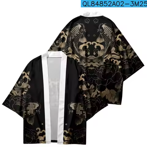Traditional Yukata Robe Anime Carp Peony Print Black Japanese Kimono Women Men Haori Clothing Beach