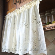 Beige embroidered curtains Pure cotton short curtain Semi-blackout coffee curtain