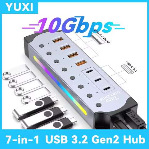 7 in 1 USB 3.2 Gen 2 HUB Powered USB 3.2 Splitter 10Gbps USB A Type C HUB Individual Switch Multipor