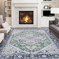 Vintage Large Rugs for Living Room, 6x9 Washable Area Rugs Non Slip, Soft Blue Rug for Bedroom, Dist