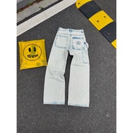 Drew House washed old fabric jeans smiling face pattern embossed logo design jeans holes worn jeans 